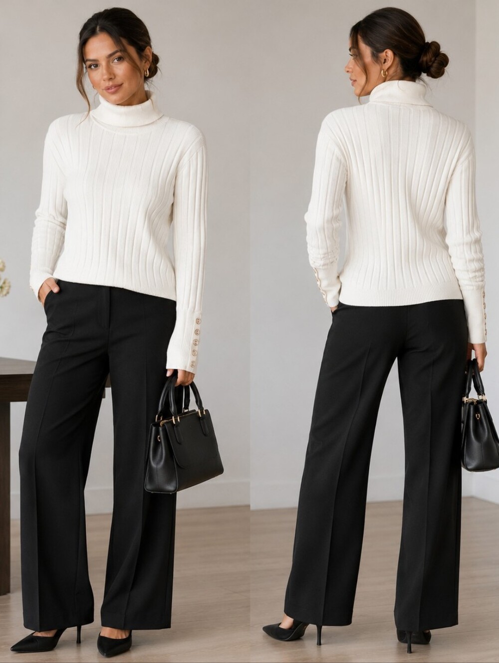 Talbots Petite MP Ivory Ribbed Turtleneck Sweater | Gold Button Sleeve Detail |